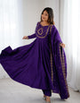 Purple Pure Roman Chanderi Silk Anarkali Suit Set With Huge Flair, Dupatta & Pant