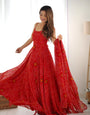 Red Pure Soft Lightweight Chiffon Bandhej Anarkali Suit Set With Huge Flair, Dupatta & Pant