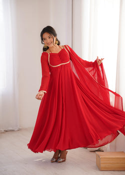 Red Pure Fox Blooming Georgette Anarkali Suit Set