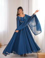 Teal Blue Pure Fox Blooming Georgette Anarkali Suit Set