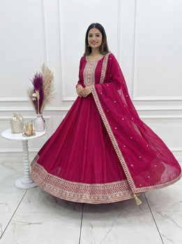 Dark Pink Pure Vichitra Silk Anarkali Suit Set
