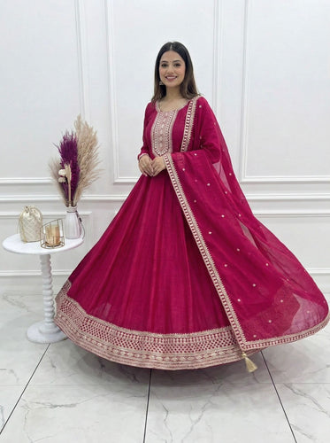 Dark Pink Pure Vichitra Silk Anarkali Suit Set