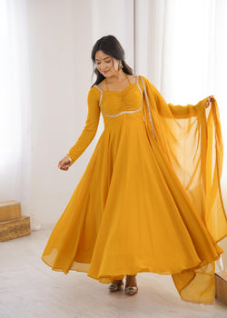 Yellow Pure Fox Blooming Georgette Anarkali Suit Set