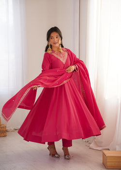 Pink Pure Roman Shimmer Silk Anarkali Suit Set