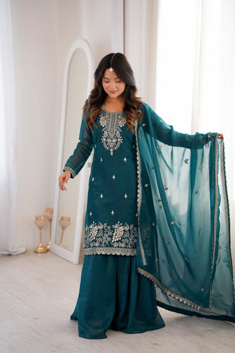 Teal Blue Pure Soft Crunchy Silk Kurta Suit Set