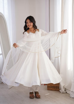 Off White Pure Roman Silk Chanderi Anarkali Suit Set