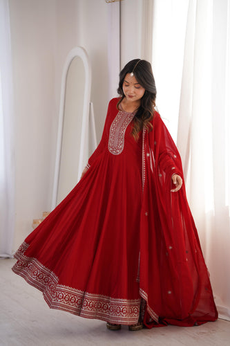 Dark Red Pure Vichitra Silk Anarkali Suit Set