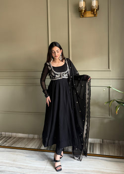 Black Pure Fox Georgette Anarkali Suit Set With Embroidery Work