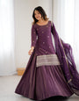 Mauve Pure Roman Shimmer Chanderi Kurta Suit Set With Embroidery Work