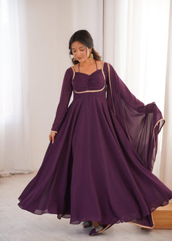 Wine Pure Fox Blooming Georgette Anarkali Dress With Dupatta