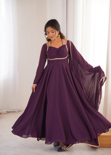 Wine Pure Fox Blooming Georgette Anarkali Dress With Dupatta