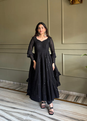 Black Soft Fox Georgette Anarkali Suit Set With Lucknowi Sequence Work