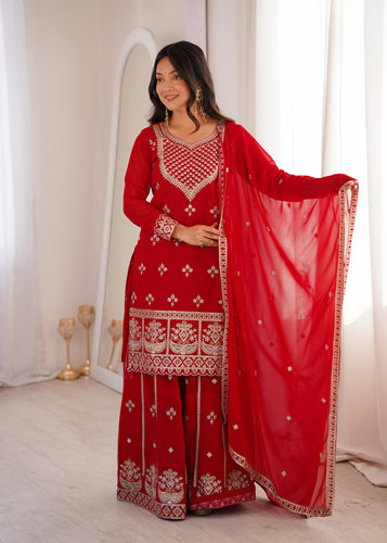 Red Pure Fox Georgette Kurta Suit Set With Embroidery Work