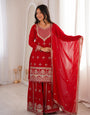 Red Pure Fox Georgette Kurta Suit Set With Embroidery Work