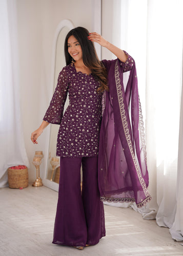 Wine Crunchy Silk Kurta Suit Set With Embroidery Work