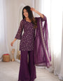 Wine Crunchy Silk Kurta Suit Set With Embroidery Work