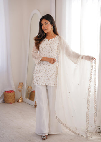 White Crunchy Silk Kurta Suit Set With Embroidery Work