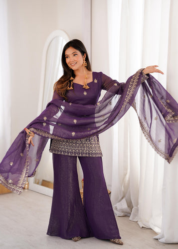 Mauve Crunchy Silk Kurta Suit Set With Embroidery Work