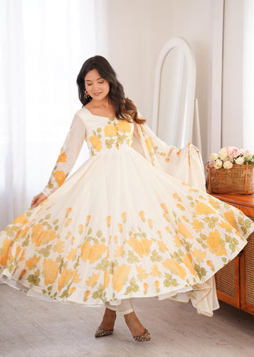 White Soft Organza Silk Anarkali Suit Set With Floral Print