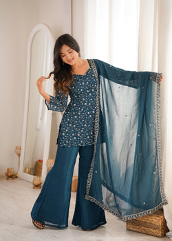 Teal Blue Crunchy Silk Kurta Suit Set With Embroidery Work