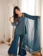 Teal Blue Crunchy Silk Kurta Suit Set With Embroidery Work