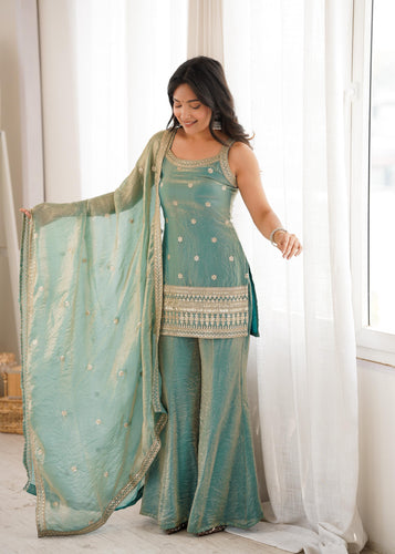 Sea Green Frendy Silk Kurta Suit Set With Embroidery Work