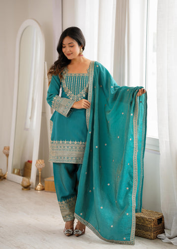 Sea Green Vichitra Silk Kurta Suit Set With Embroidery Work