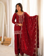 Maroon Glass Roman Silk Kurta Suit Set With Embroidery Work