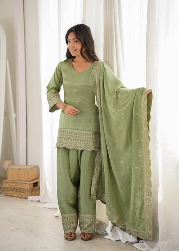 Green Glass Roman Silk Kurta Suit Set With Embroidery Work