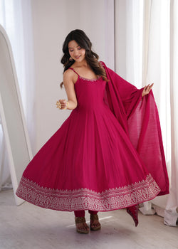 Pink Pure Roman Silk Chanderi Anarkali Suit Set With Embroidery Work