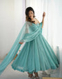 Sky Crunchy Silk Anarkali Suit Set With Siroski Work