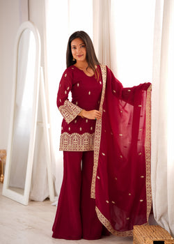 Maroon Crunchy Silk Kurta Suit Set With Embroidery Work