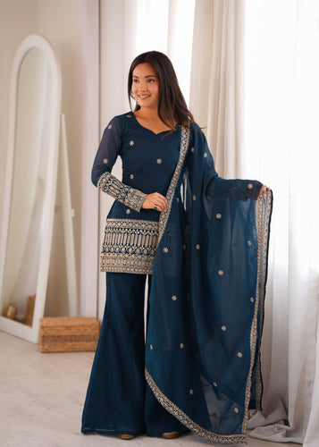 Teal Blue Crunchy Silk Kurta Suit Set With Embroidery Work