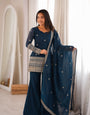 Teal Blue Crunchy Silk Kurta Suit Set With Embroidery Work