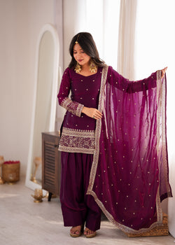 Wine Fendy Silk Kurta Suit Set With Embroidery Work