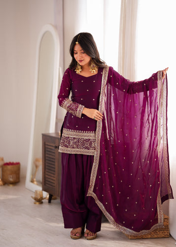 Wine Fendy Silk Kurta Suit Set With Embroidery Work