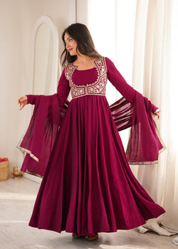 Dark Rani Pink Pure Roman Silk Chanderi Anarkali Suit Set With Embroidery Work