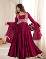 Dark Rani Pink Pure Roman Silk Chanderi Anarkali Suit Set With Embroidery Work