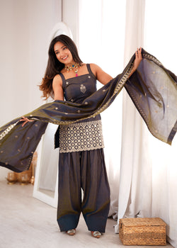 Grey NC Vichitra Silk Kurta Suit Set With Embroidery Work