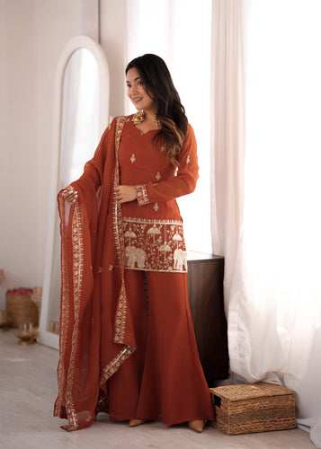 Rust Crunchy Silk Kurta Suit Set With Embroidery Work