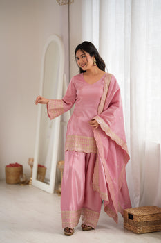 Dusty Pink Glass Roman Silk Kurta Suit Set With Embroidery Work
