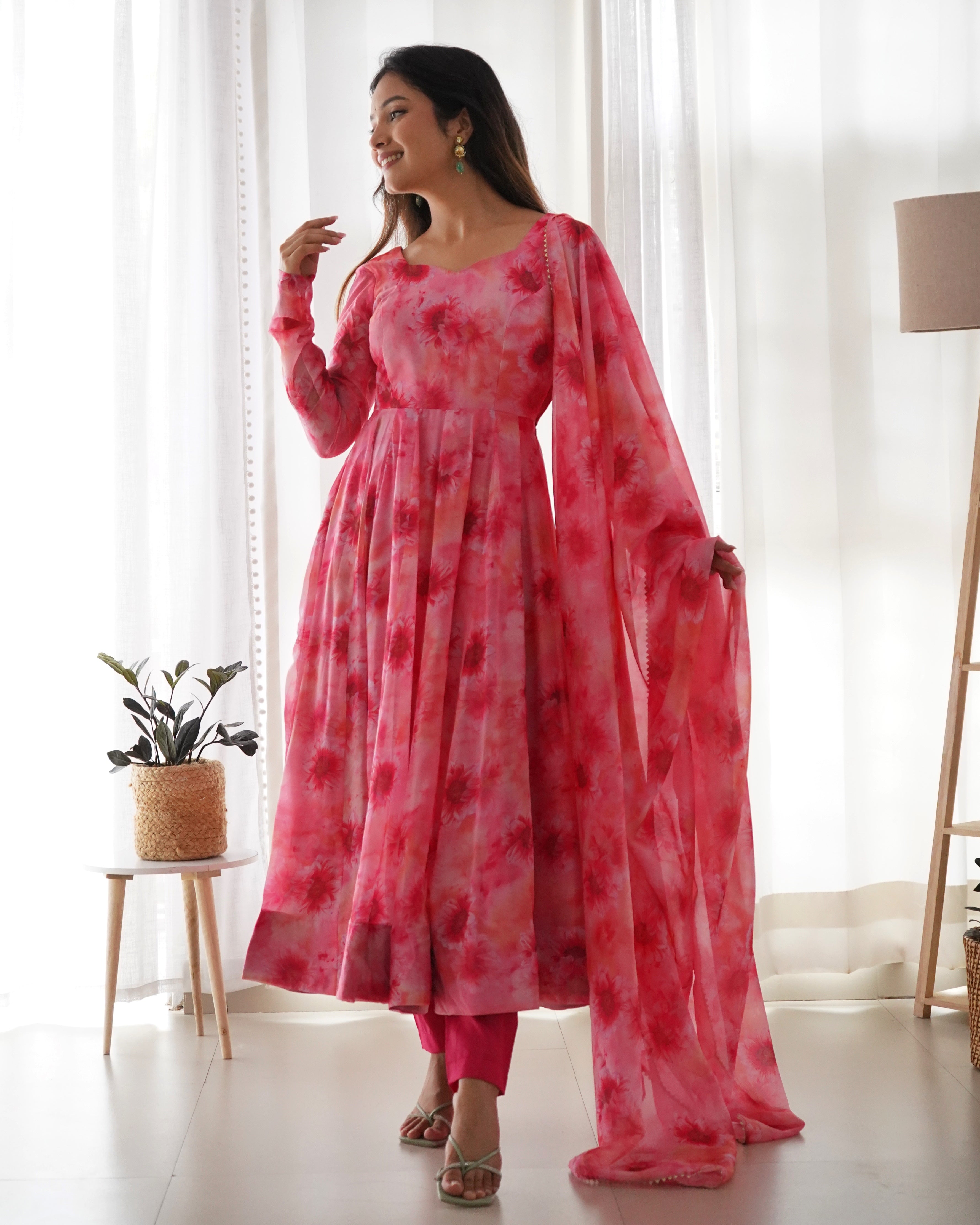 Pink Pure Soft Organza Gown With Huge Flair, Dupatta & Pant