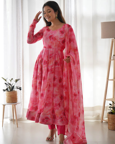 Pink Pure Soft Organza Gown With Huge Flair, Dupatta & Pant
