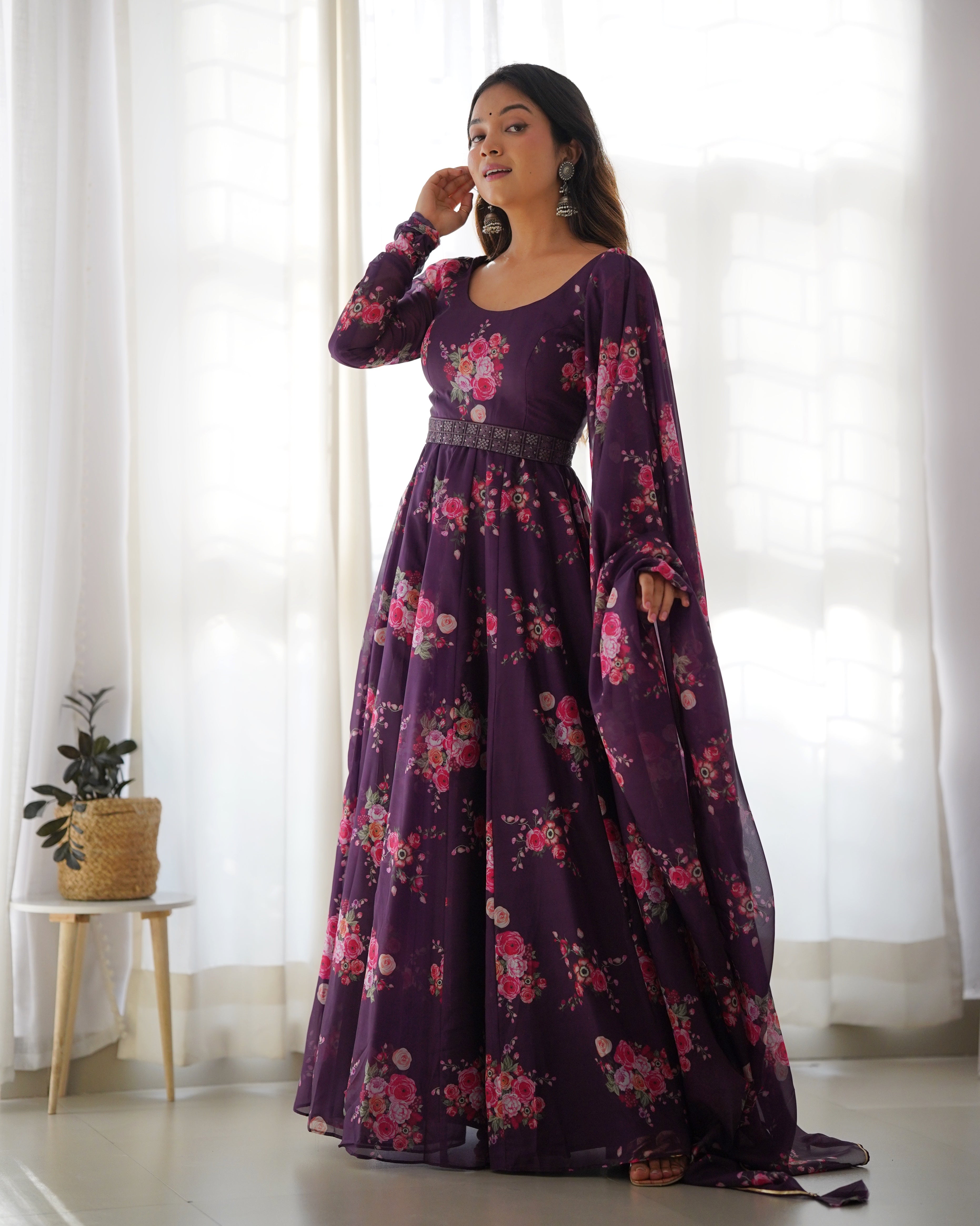Wine Pure Soft Organza Gown Set With Huge Flair & Dupatta
