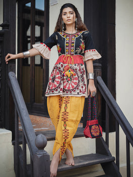 Black and beige circular embroidered kedia with yellow tulip pant