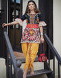 Black and beige circular embroidered kedia with yellow tulip pant