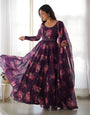 Wine Pure Soft Organza Gown Set With Huge Flair & Dupatta