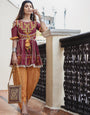 Deep wine foke motif embroidered kedia with yellow striped tulip pant