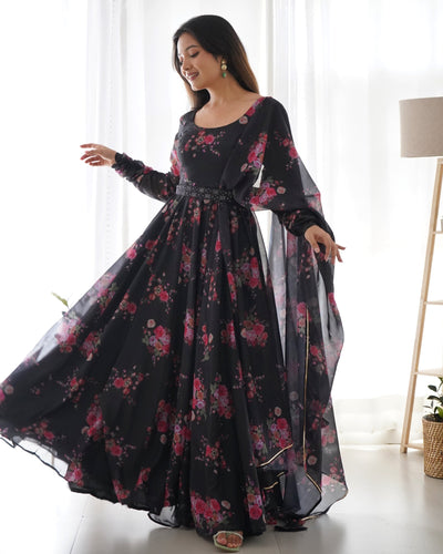 Black Pure Soft Organza Gown Set With Huge Flair Comes With Dupatta