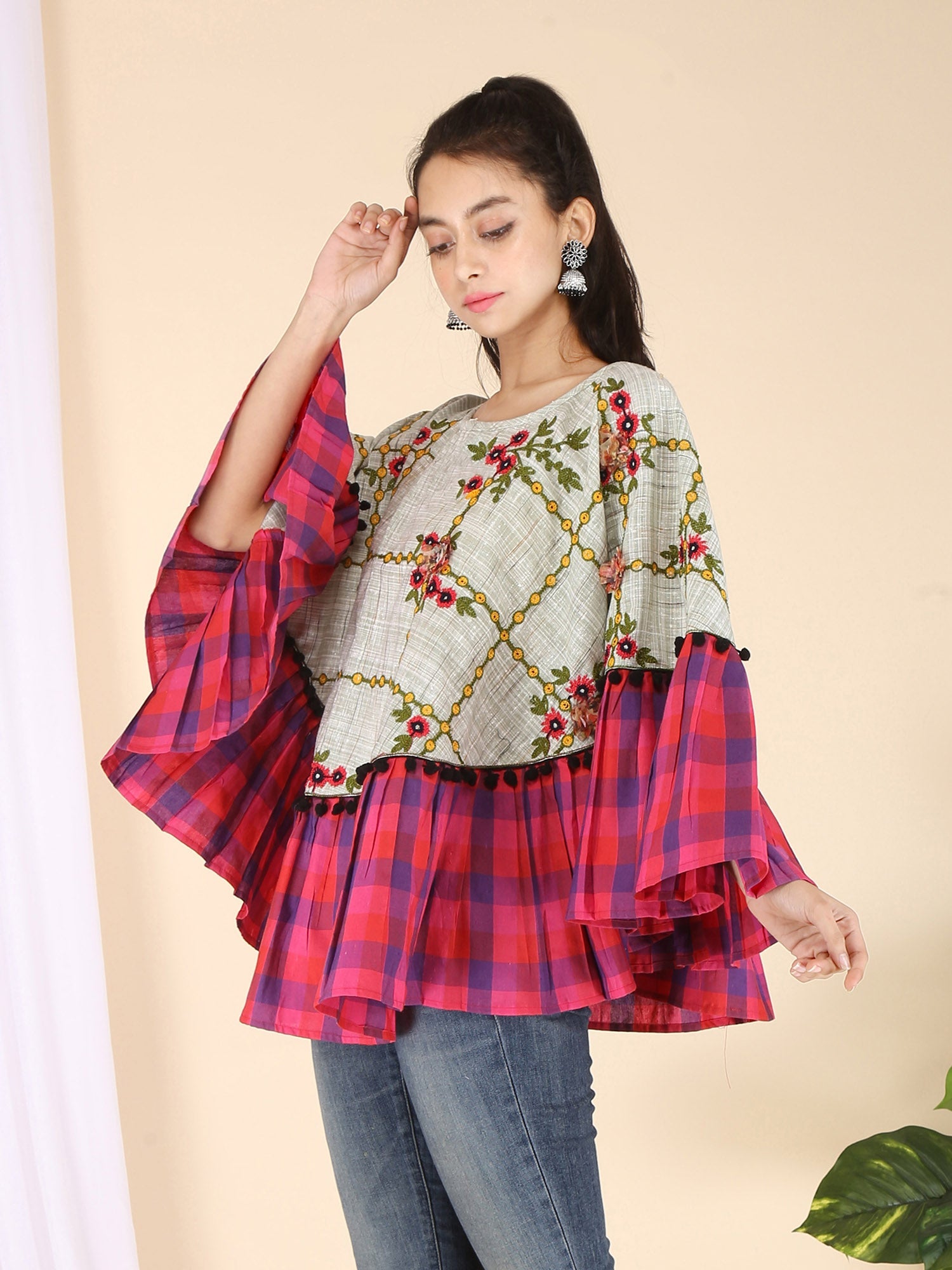 Chex Frill Embroidered Circular Poncho